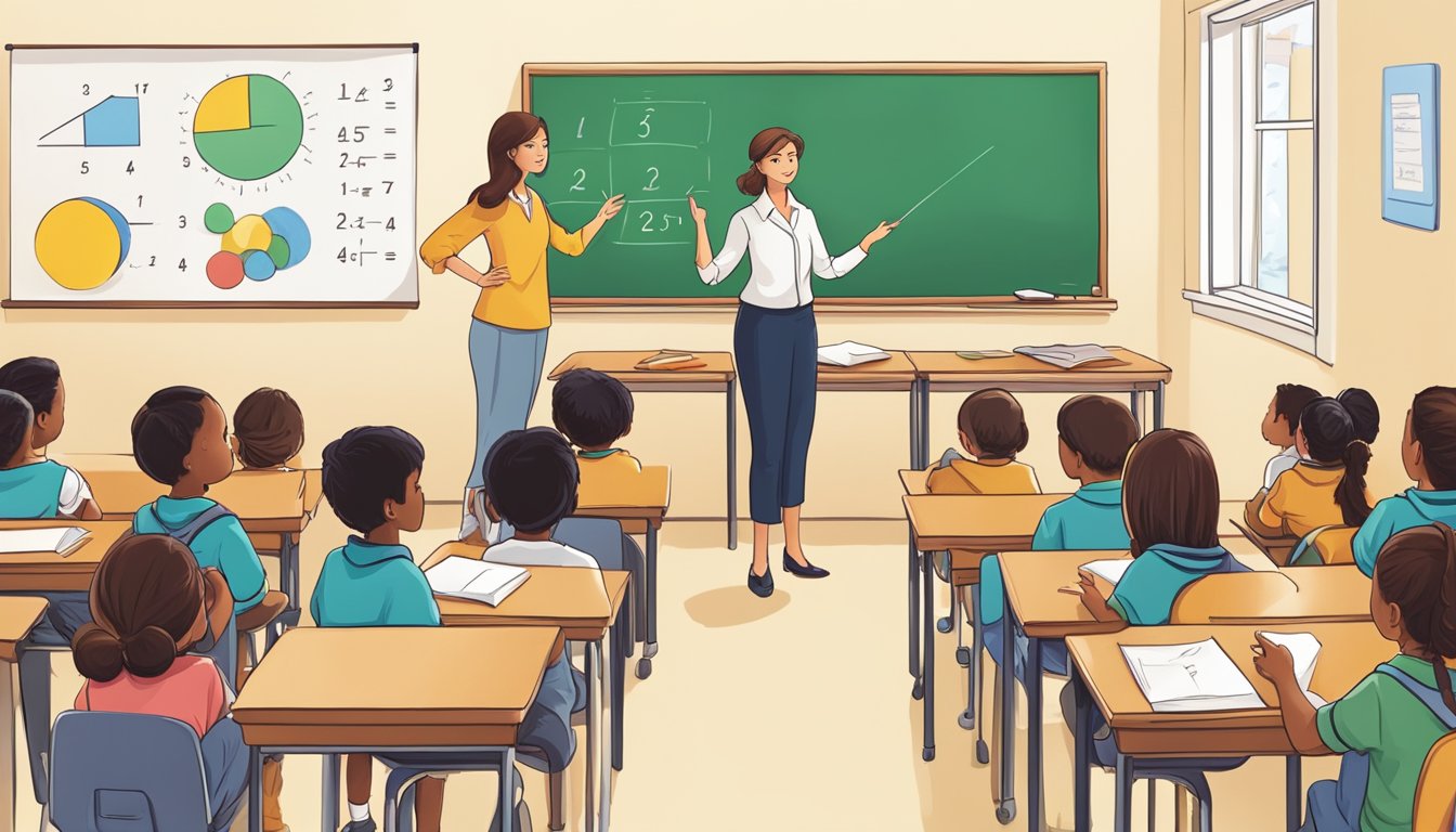 A teacher stands in front of a whiteboard, pointing to a math problem while a group of primary school students listen attentively