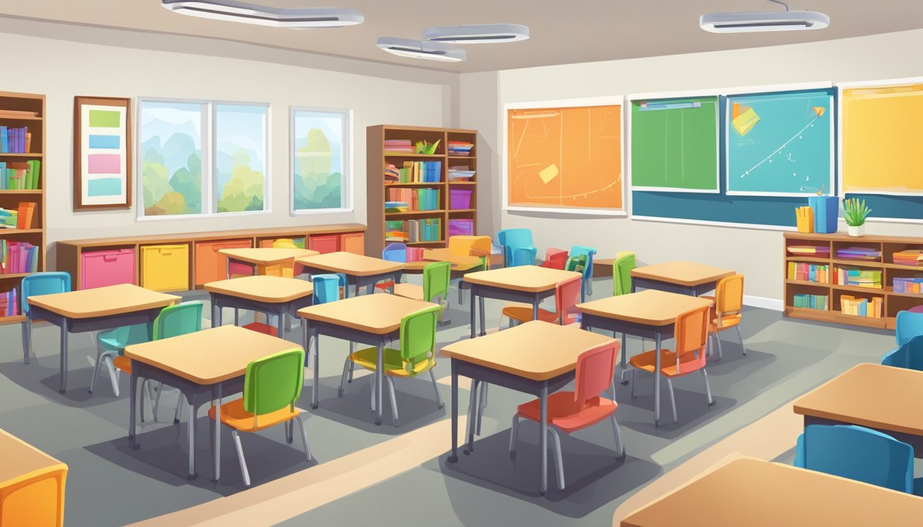 A bright, spacious classroom with colorful educational posters on the walls and a whiteboard at the front. Tables and chairs are neatly arranged, and shelves are filled with books and learning materials