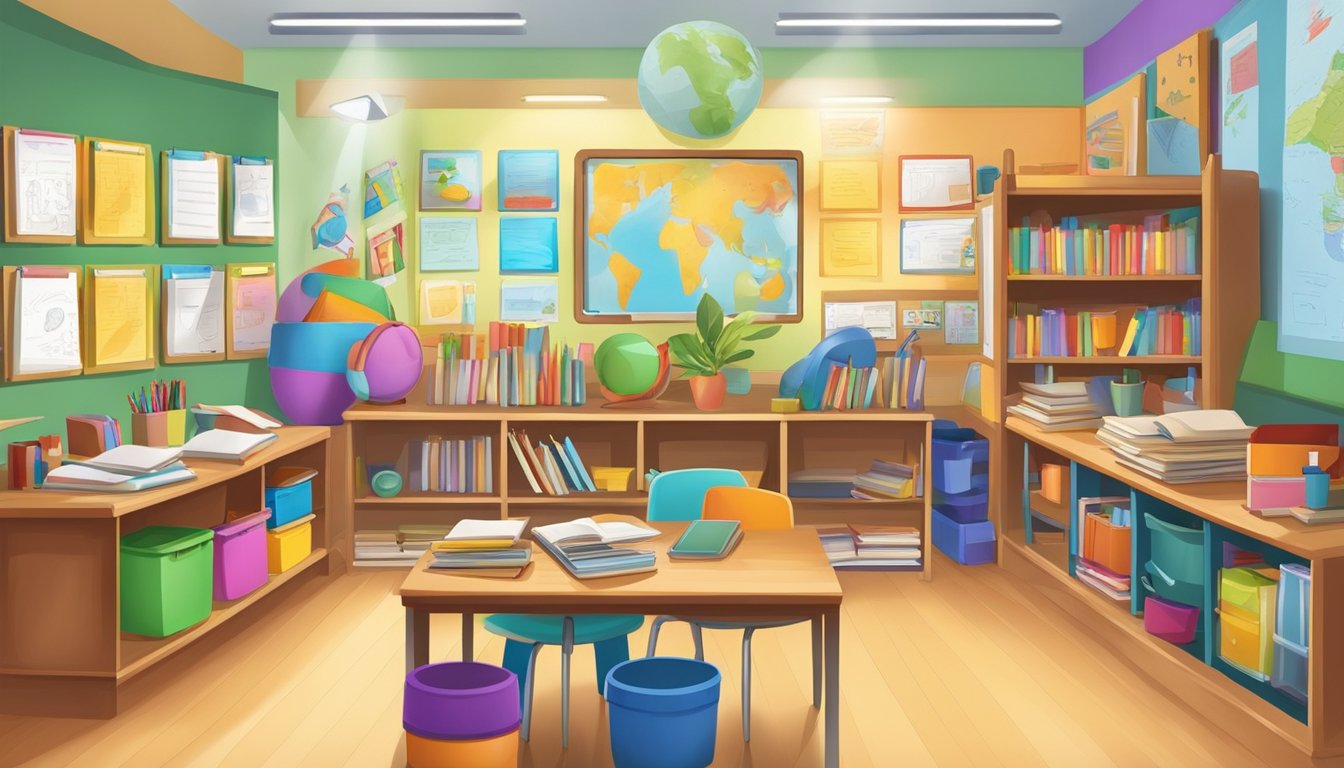 A colorful classroom with diverse subjects on the walls, books, and educational materials neatly organized on shelves, and a whiteboard filled with curriculum topics
