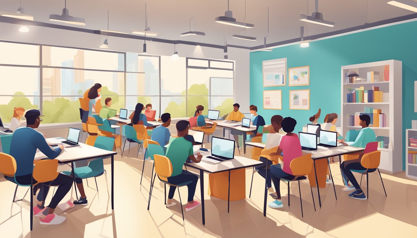 A bright, modern classroom with engaged students and tutors collaborating and learning together at Mindlab Tuition Centre