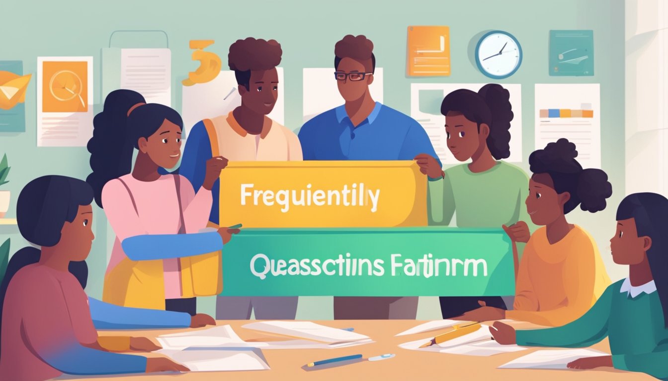 A colorful banner with the words "Frequently Asked Questions" displayed prominently. A group of students and a teacher discussing and pointing to the banner