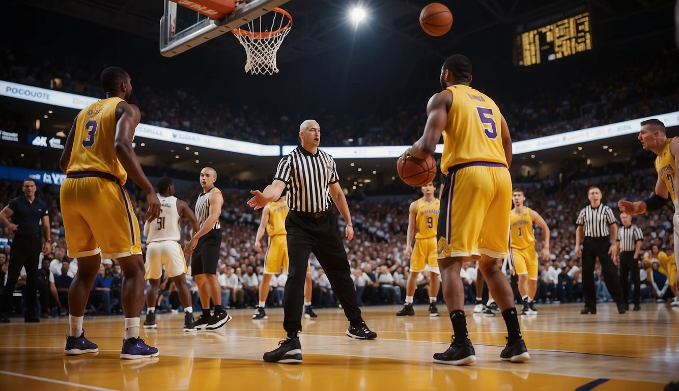 Players gather on the court. Referee tosses the ball. Players jump to tip-off. Game begins