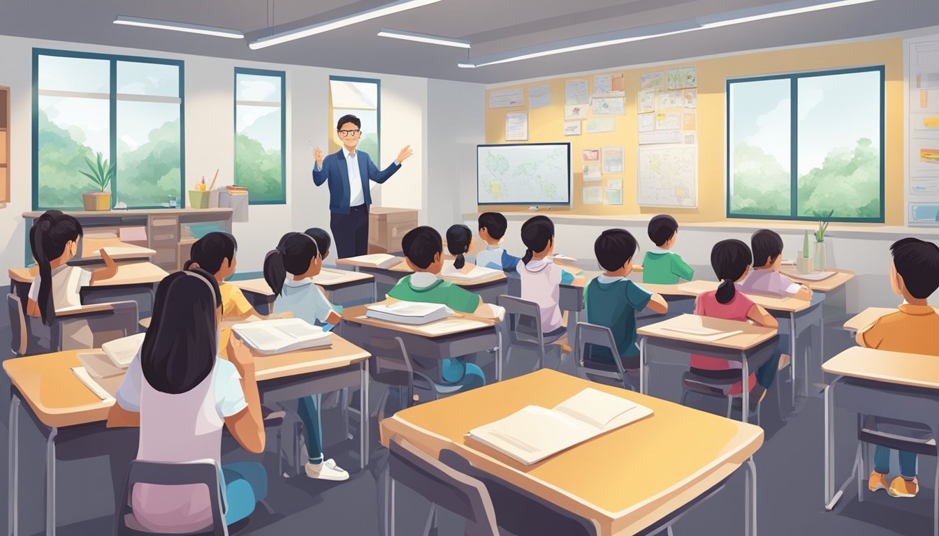 A classroom in Punggol, filled with science equipment and learning materials, with a tutor explaining a complex concept to attentive students