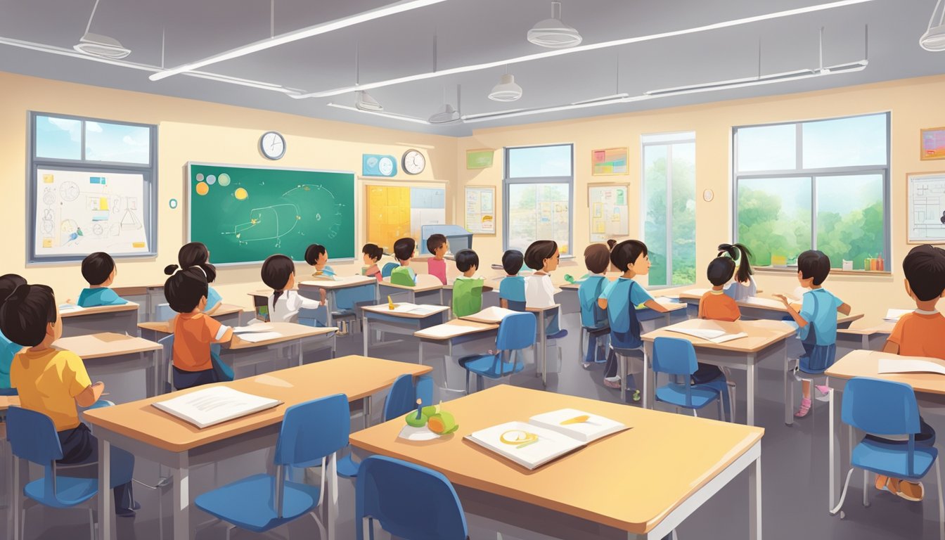 A bright, modern classroom in Punggol, with science equipment and charts on the walls, and engaged students learning from a knowledgeable tutor