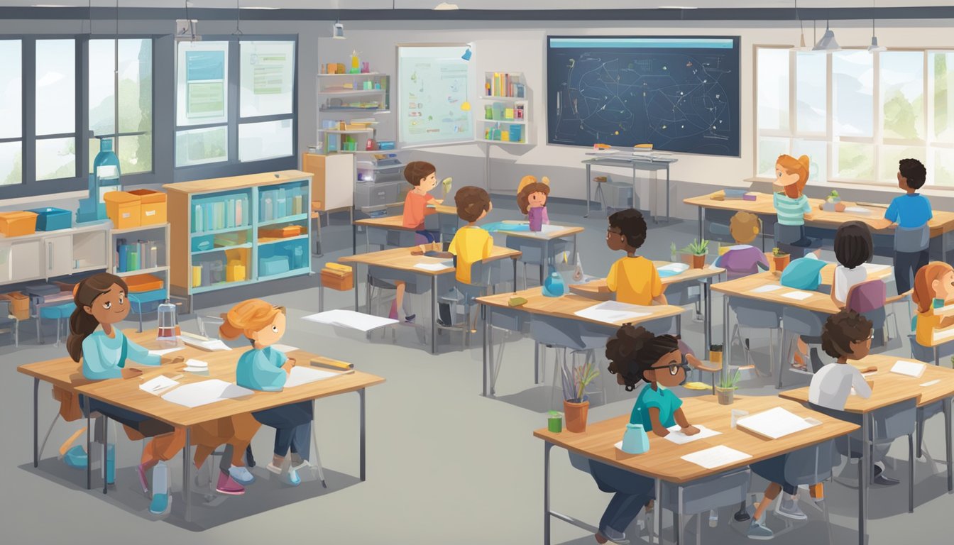 A classroom filled with science equipment and whiteboards, with students engaged in experiments and discussions