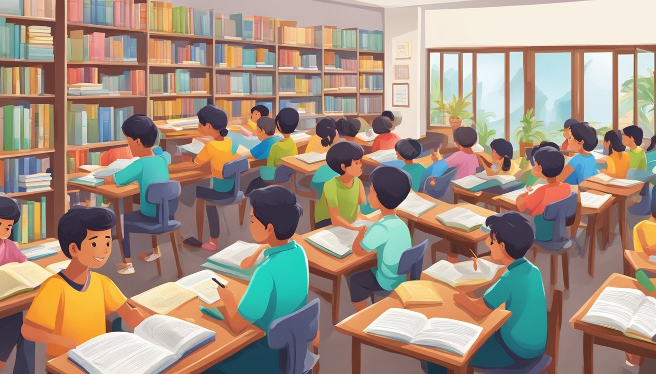 A bustling Hindi tuition centre in Singapore with colorful posters, bookshelves, and students engrossed in their studies