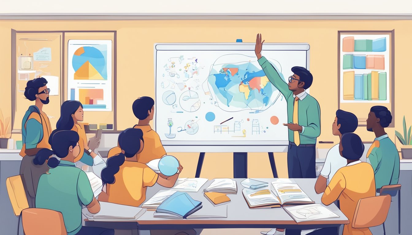 A group of students gather around a whiteboard, with a tutor explaining science concepts. Books and notebooks are scattered on the table