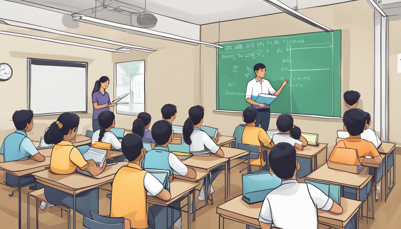 Students studying Hindi at a tuition centre in Singapore. Books, whiteboard, and teacher present