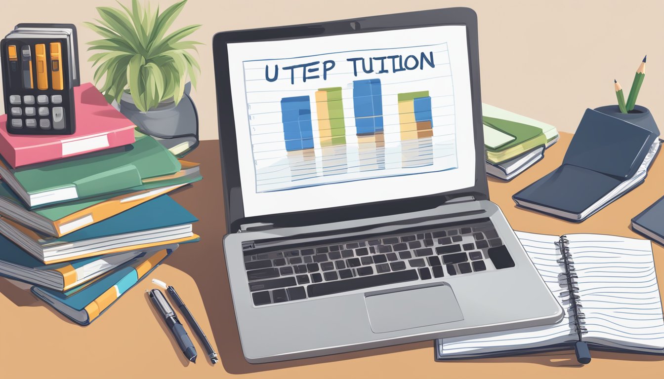 A stack of books and a laptop sit on a desk next to a calculator and a notepad with the words "UTEP Tuition" written on it