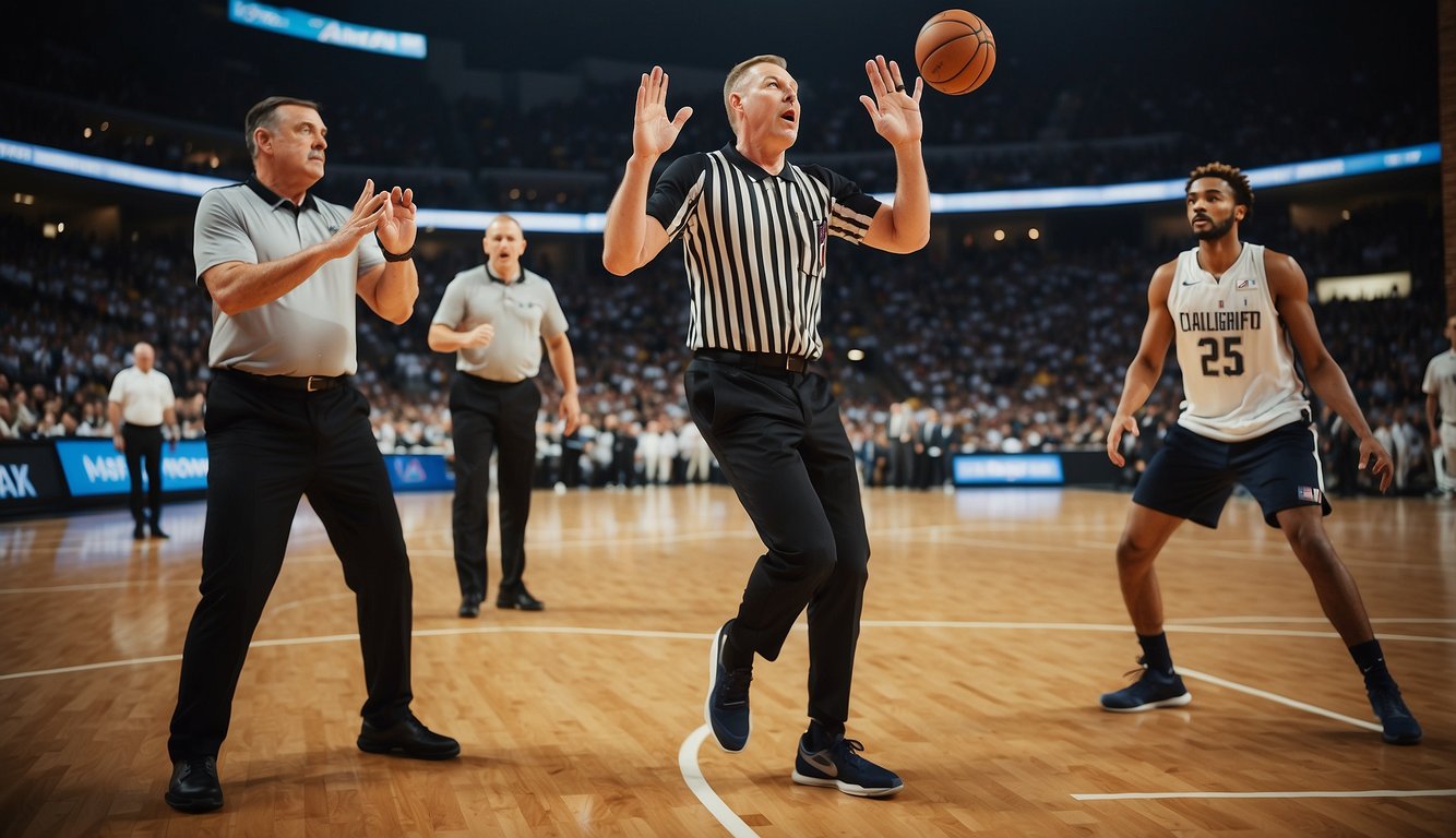 Players gather at center court. Referee tosses the ball into the air. Players jump to tip-off the game