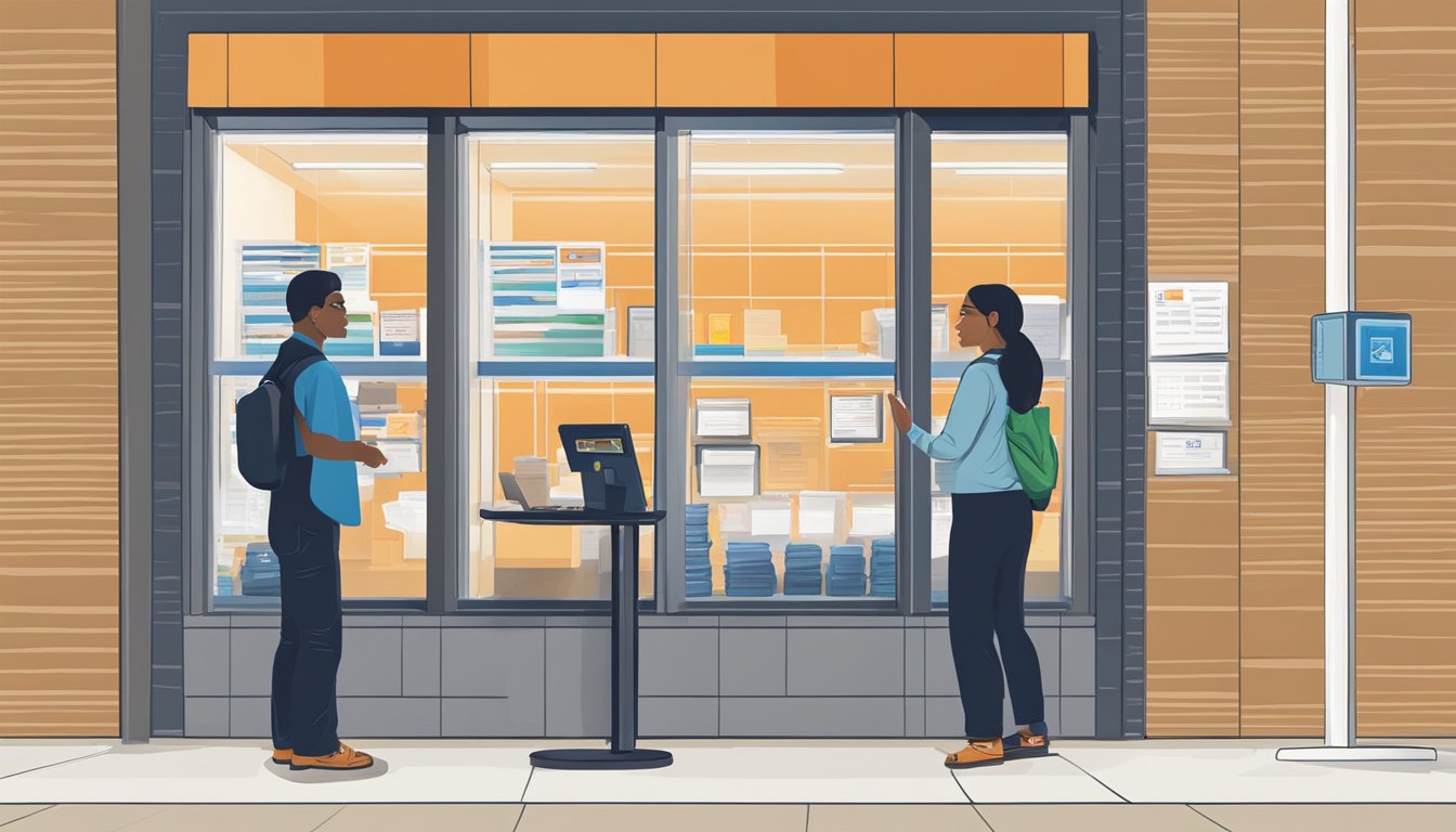 A student pays UTEP tuition at the bursar's office window. The cashier processes the payment as the student looks at the fee breakdown