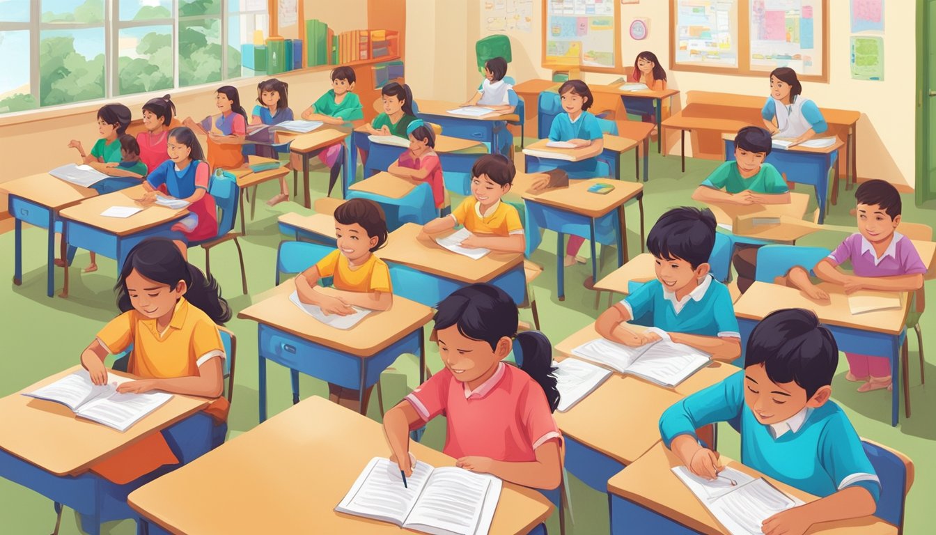 Students engage in interactive language activities at a vibrant Hindi tuition center in Singapore. The classroom is filled with colorful learning materials and enthusiastic learners