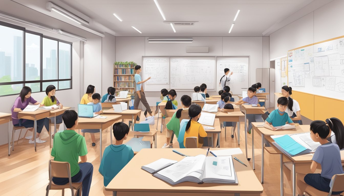 A bustling Toa Payoh tuition centre with students studying, whiteboards, and educational materials scattered around the room