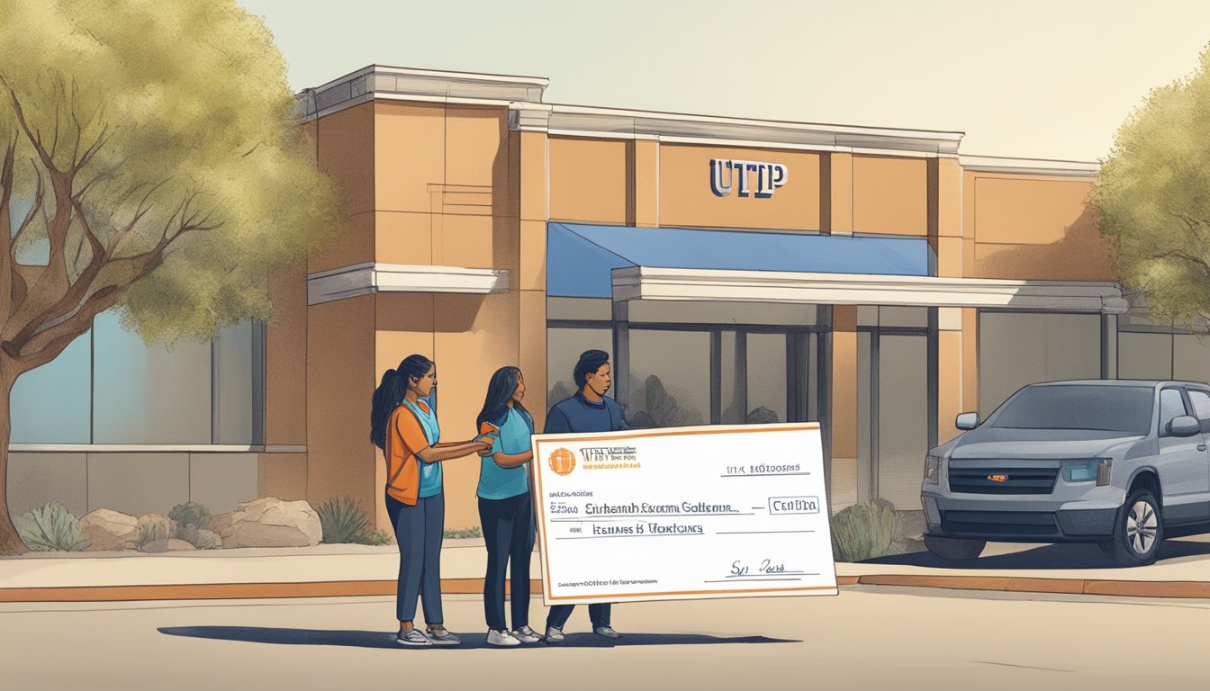 A student receives a scholarship check while standing in front of the UTEP tuition office