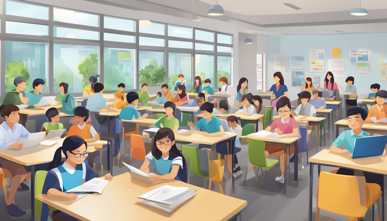 A bustling tuition center in Singapore, with students and teachers engaged in lively discussions and learning activities