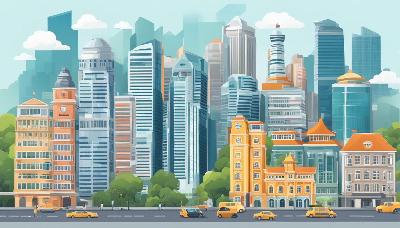 Top Tuition Agencies in Singapore: Helping Students Excel in Their Studies A bustling city skyline with prominent education buildings and signs for top tuition agencies in Singapore