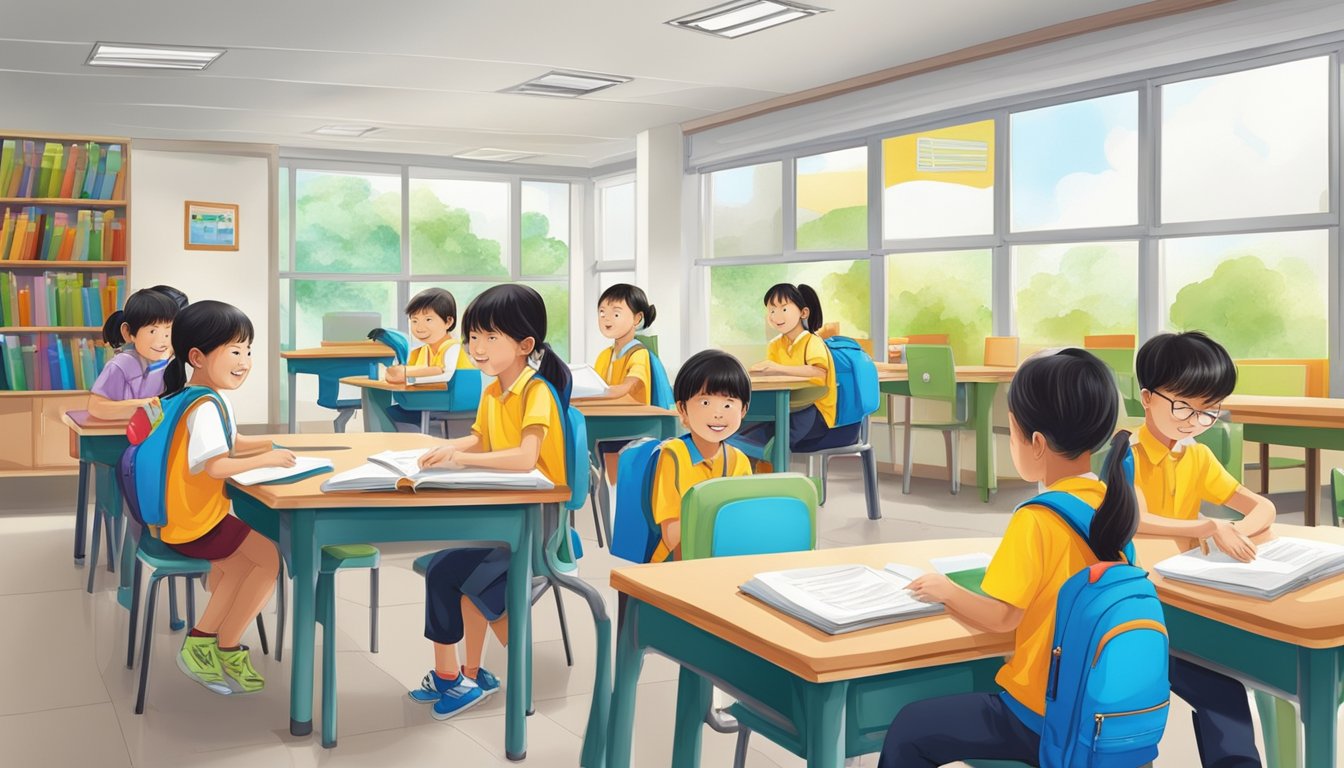 Students eagerly enter Toa Payoh Tuition Centres, carrying backpacks and books. Brightly lit classrooms and colorful educational posters create a lively learning environment