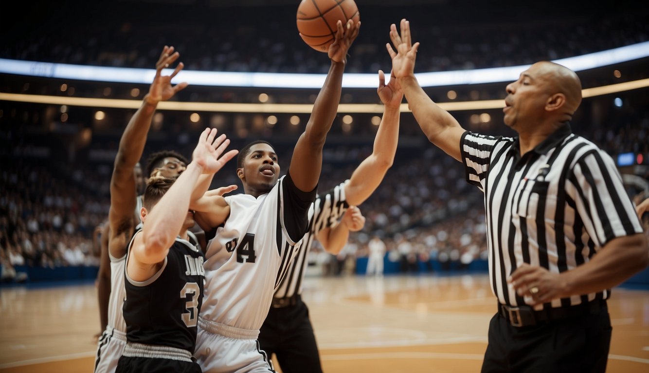 The basketball game starts with the referee throwing the ball up into the air at the center circle, while players from each team jump to try and gain possession