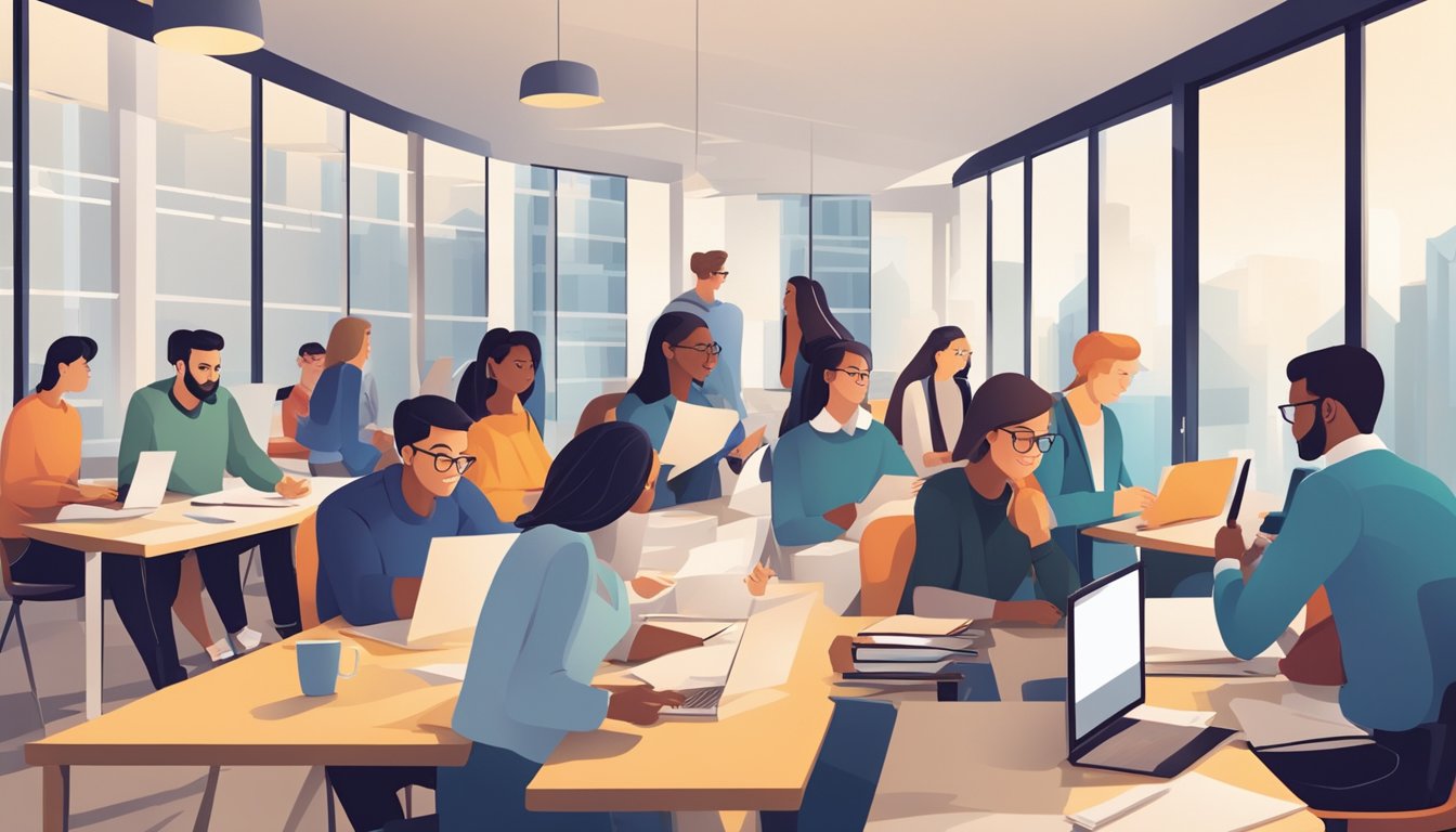 Top Tuition Agencies in Singapore: Helping Students Excel in Their Studies Students and tutors bustling in and out of modern office buildings, exchanging educational materials and discussing lesson plans