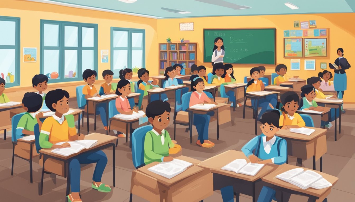 A classroom filled with students and a teacher at IB tuitions in Mumbai. Books, desks, and educational posters decorate the room