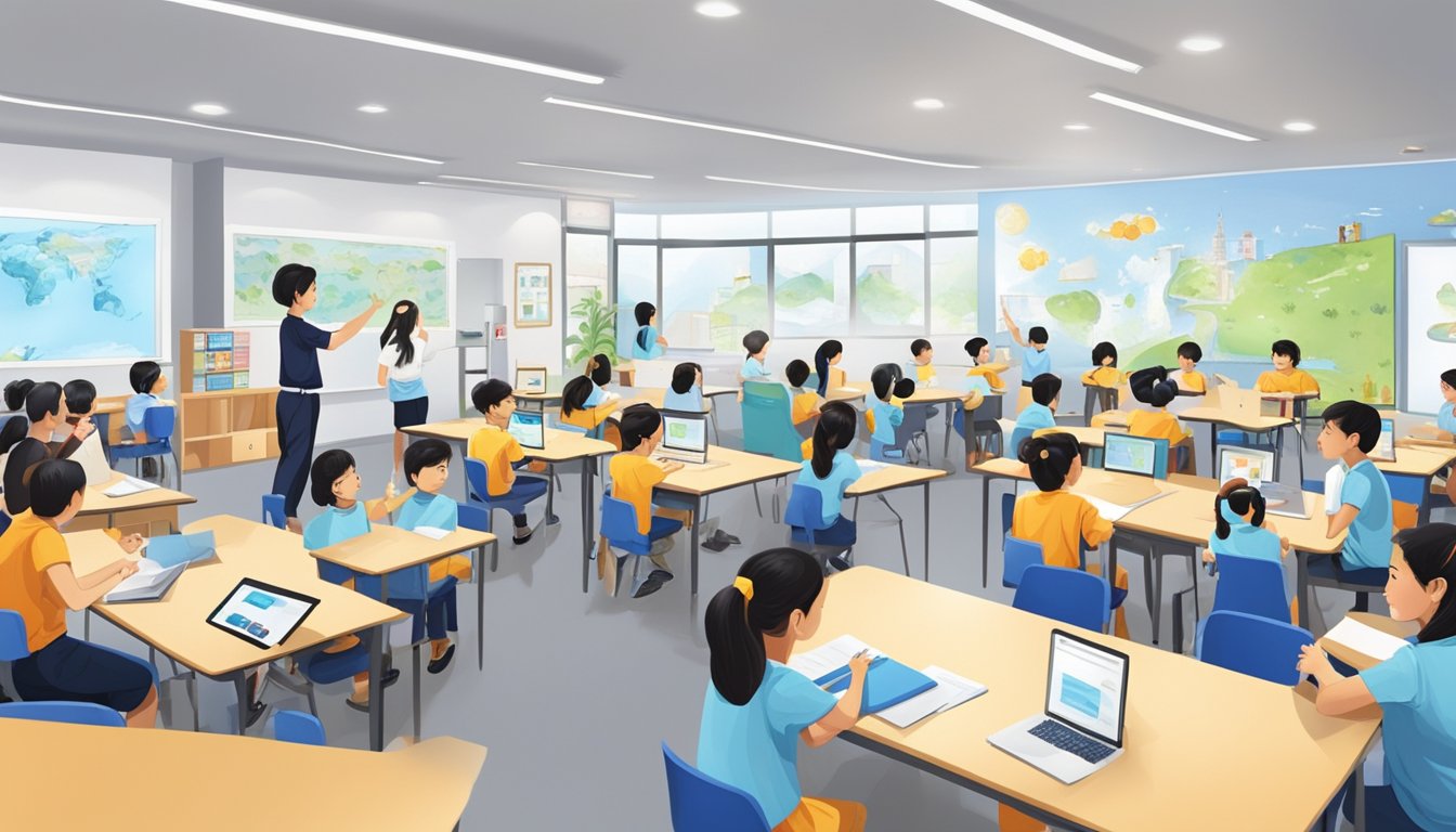 Students engaged in interactive learning activities at a modern tuition centre in Toa Payoh, with bright, spacious classrooms and state-of-the-art educational resources