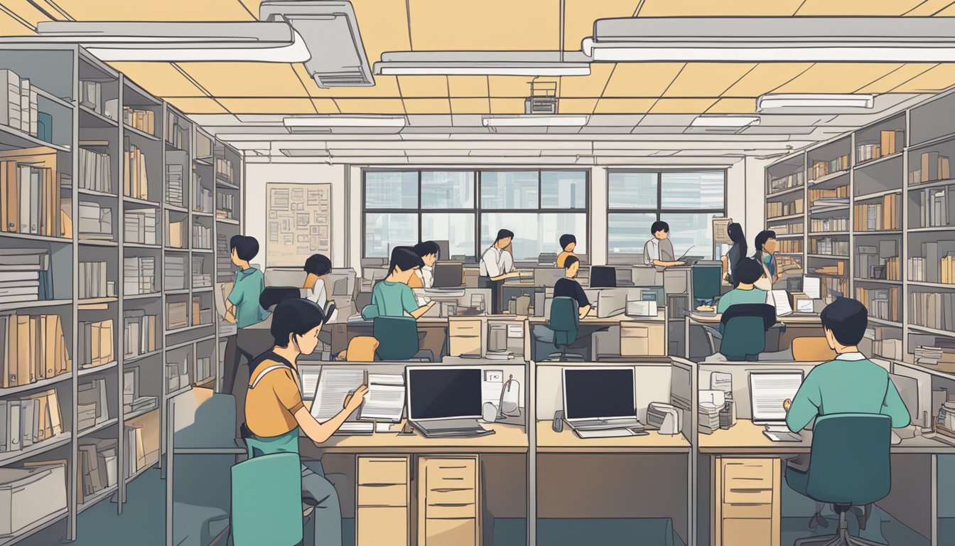 Top Tuition Agencies in Singapore: Helping Students Excel in Their Studies A busy office with people talking on the phone and typing on computers, surrounded by shelves of educational materials and a sign that reads "Frequently Asked Questions top tuition agencies in Singapore."