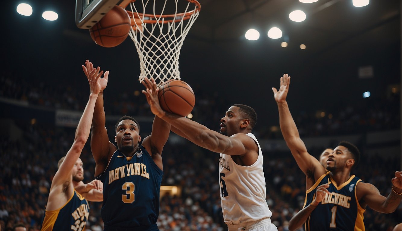 Basketball game begins with a jump ball at the center circle, players ready to gain possession. Referee tosses the ball upward as players jump to tip it to their teammates