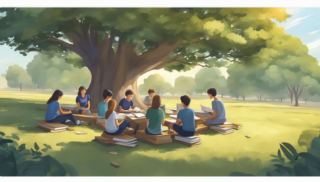A group of students studying together under a large tree in a peaceful, natural setting. Textbooks and notebooks are scattered around as they engage in focused learning