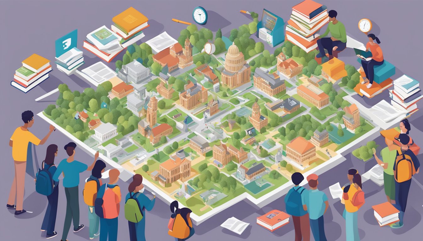 Students exploring a map of Tuition Nation, surrounded by books and educational resources