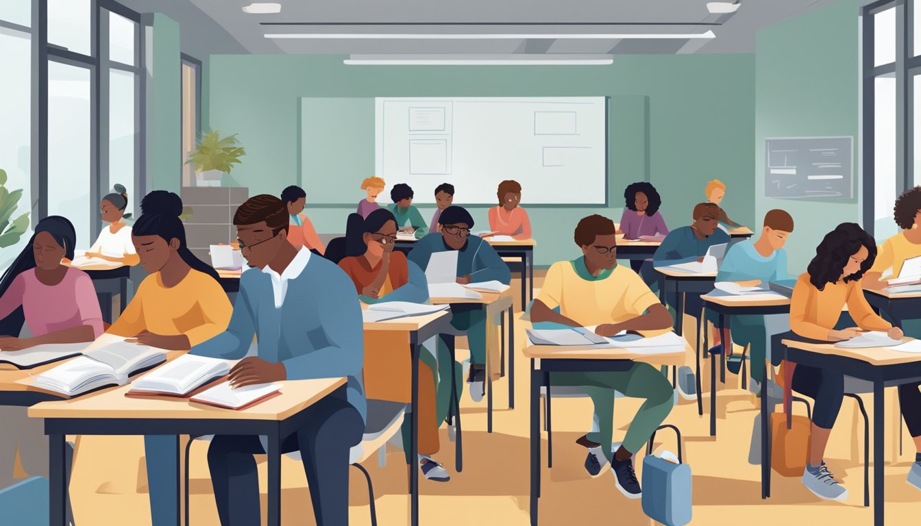 A diverse group of students studying in a modern classroom, with books, computers, and educational resources. Some students are engaged and focused, while others appear to be struggling with the material