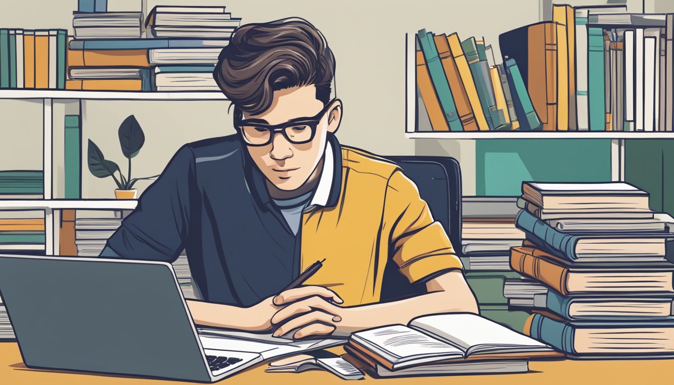 A student sits at a desk, surrounded by textbooks and a laptop, with a bill for CU Boulder tuition in front of them. The expression on their face is one of concern and frustration