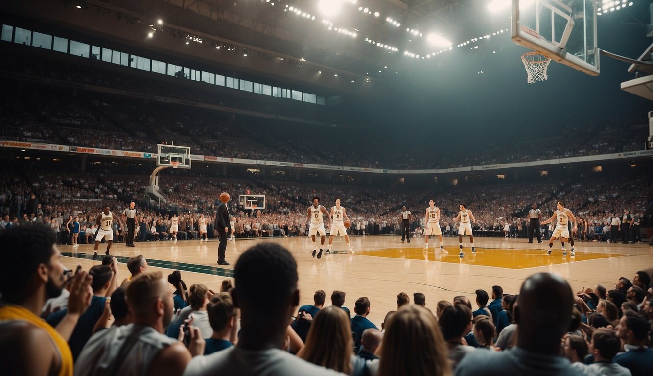 Basketball game begins with players lining up at center court, referee tossing the ball into the air, and both teams jumping to gain possession. Crowd cheers from the stands