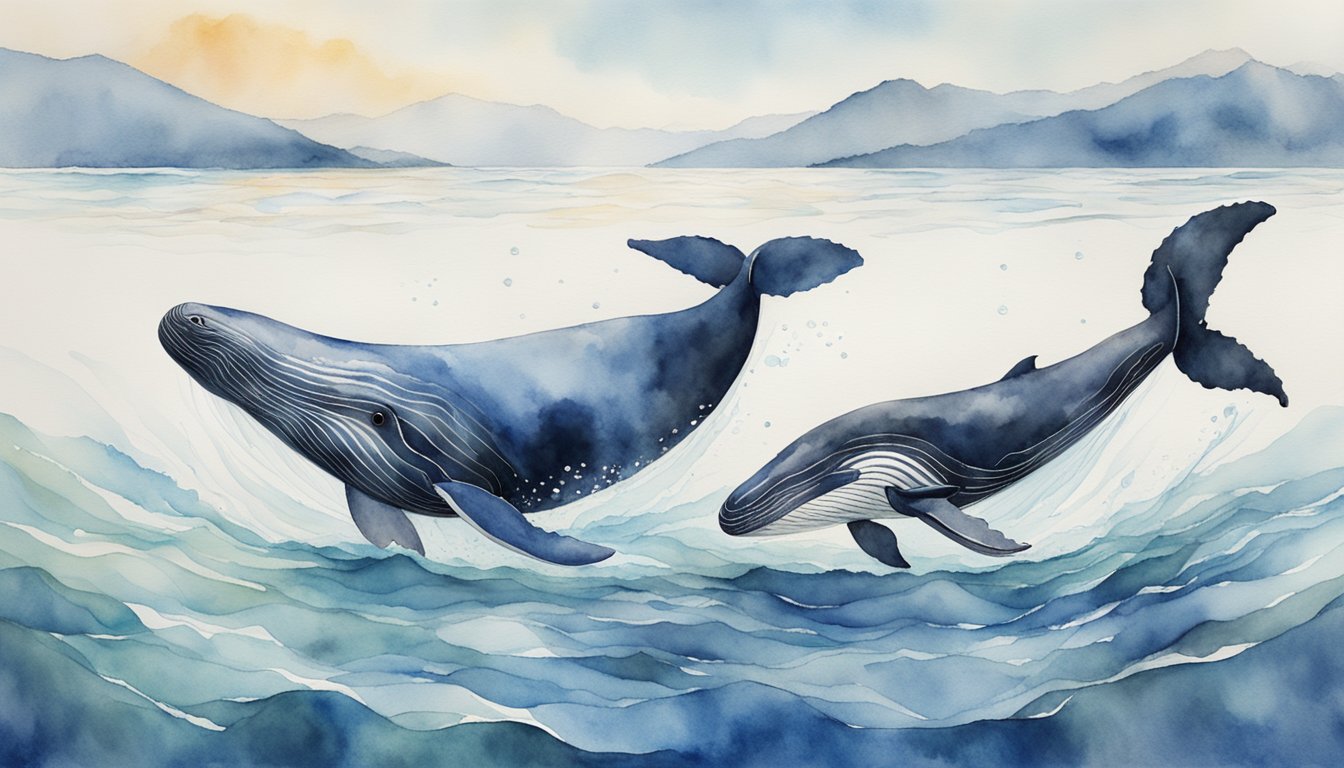 Two whales swimming close together, one male and one female, engaging in mating behavior.</p><p>The male is gently nudging the female and they are both swimming in a synchronized pattern