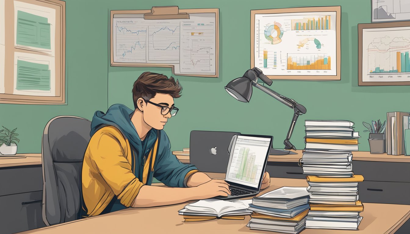A student at CU Boulder sits at a desk, surrounded by textbooks and a laptop. A chart on the wall displays tuition and fees. The student looks determined as they calculate their expenses