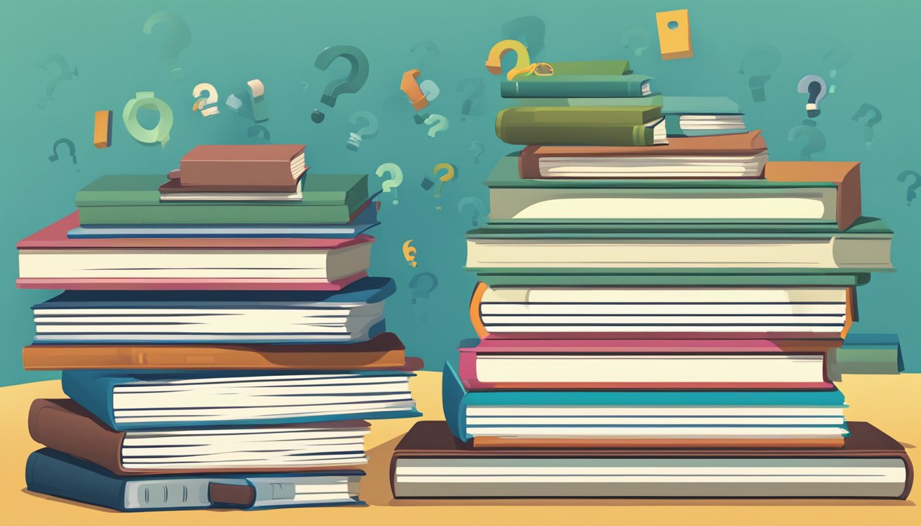 A stack of FAQ books with "Tuition Nation" on cover, surrounded by question marks