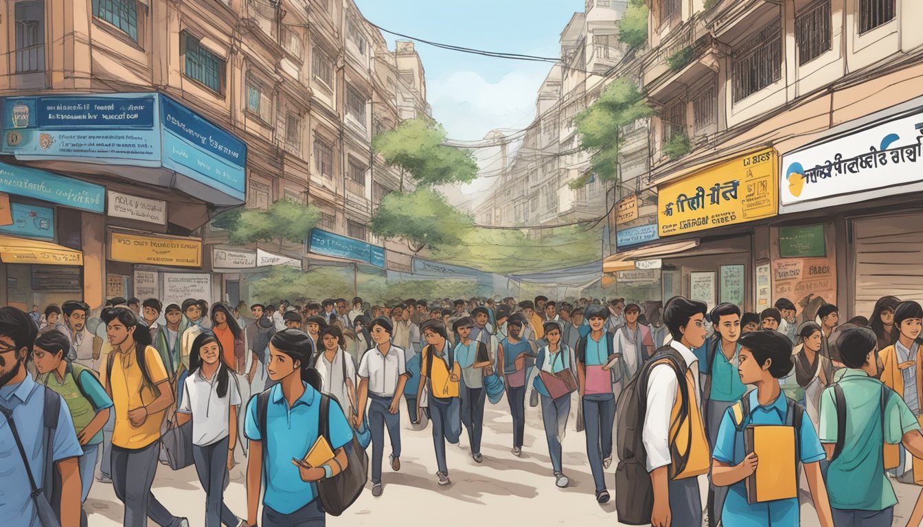 A bustling Mumbai street filled with students entering a tutoring center, adorned with a sign reading "Comprehensive Guide to IB Tuitions in Mumbai."