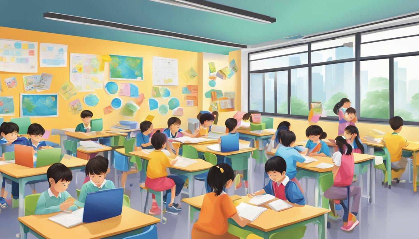 Boost Your Grades with English Tuition in Jurong East A bustling English tuition center in Jurong East, with students engaged in learning activities and colorful educational materials on the walls