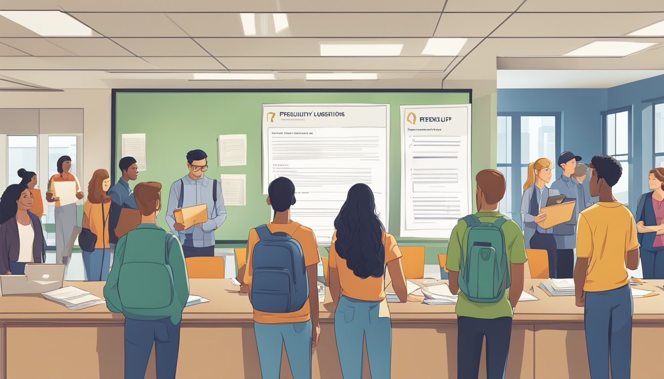 Students line up at a tuition office, holding forms and looking at a large "Frequently Asked Questions" sign. The office is busy with staff assisting students
