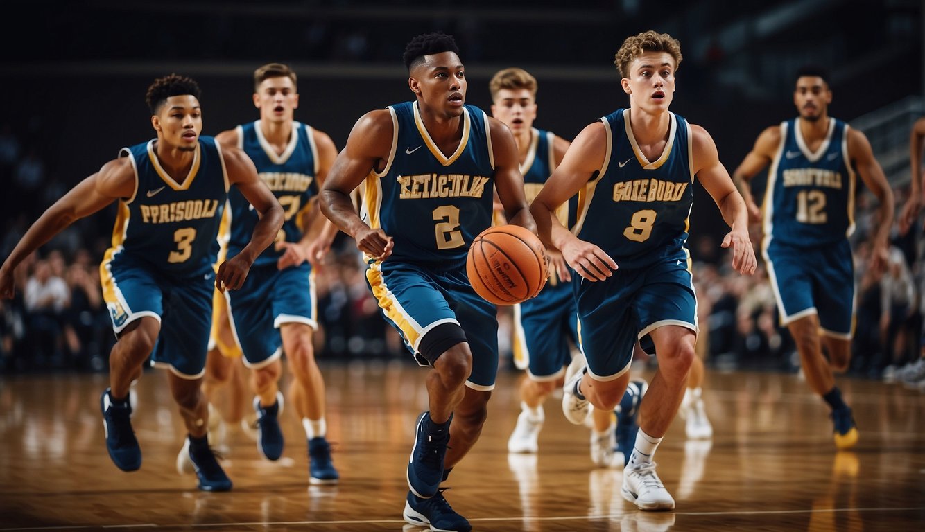 A group of young basketball players running a fast-paced, coordinated offense, passing and moving with precision to create open scoring opportunities