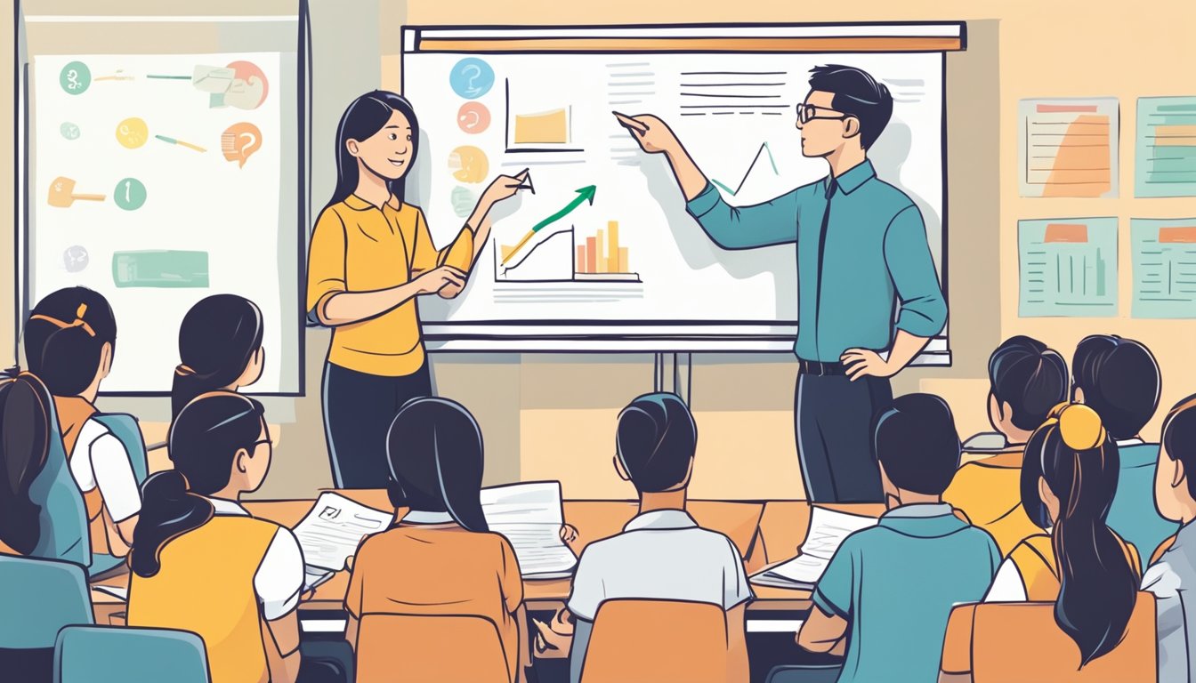 Boost Your Grades with English Tuition in Jurong East A group of students gathered around a whiteboard, with a teacher pointing to a list of frequently asked questions about English tuition in Jurong East