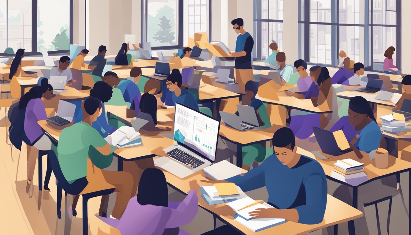 Students studying with books and laptops, surrounded by charts showing tuition and fees at Northwestern University