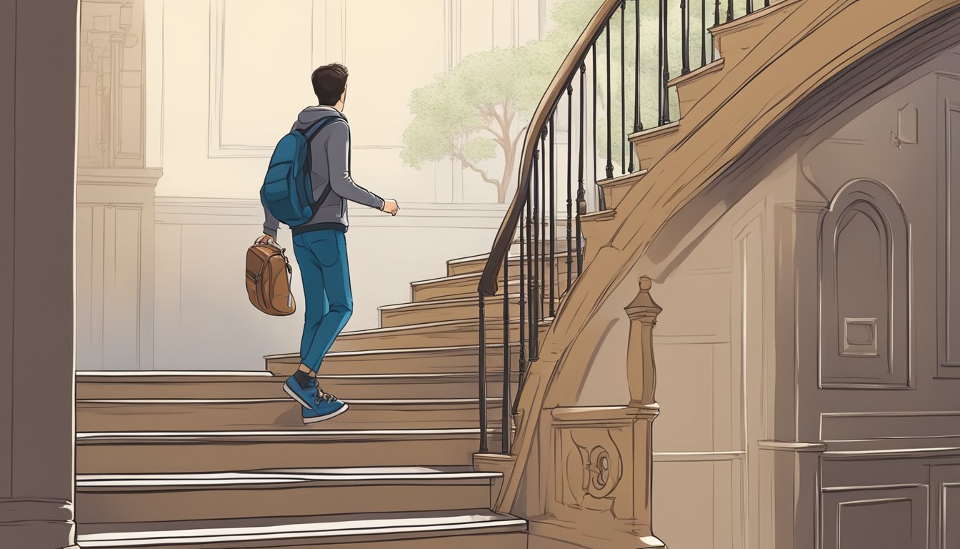 A student diligently climbs a staircase, symbolizing the journey of achievement through tuition