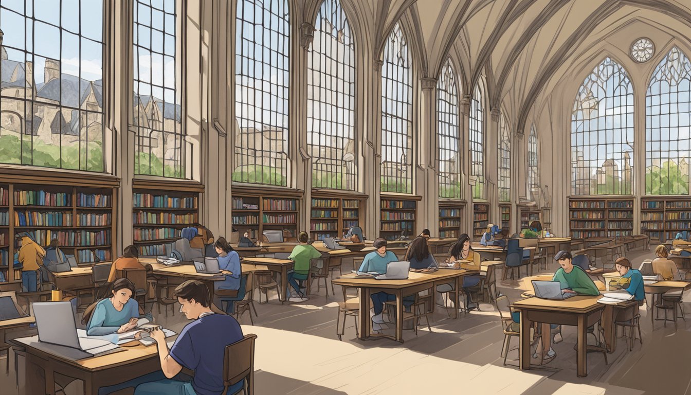 Students studying in a bustling library, with the iconic gothic architecture of Northwestern University visible through the windows. Textbooks and laptops scattered across tables, as students work diligently