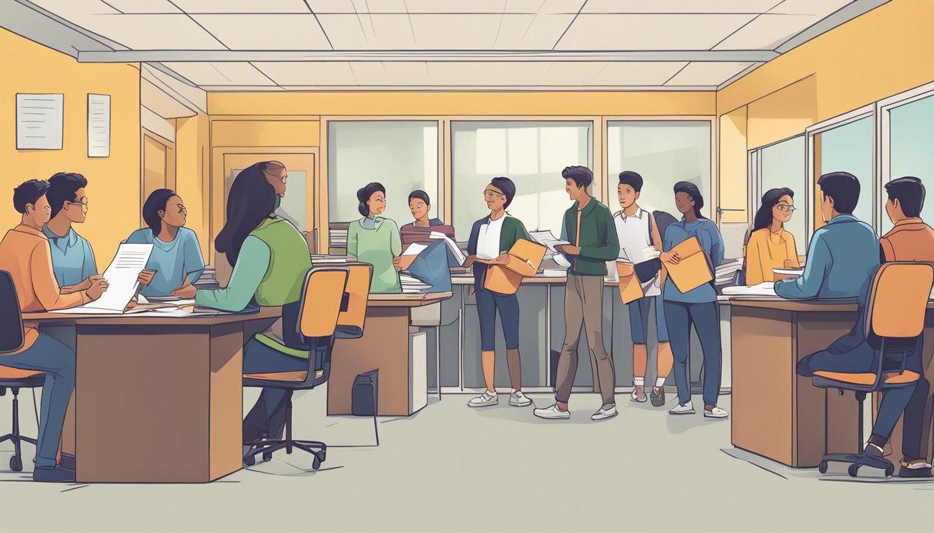 Students lining up at a tuition office, holding papers and asking questions to a staff member behind a desk