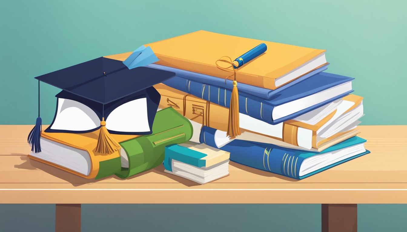 A stack of books, a diploma, and a graduation cap sit on a desk, surrounded by study notes and a laptop. A road sign points to "Academic Triumph" with arrows for "Journey" and "Tuition"