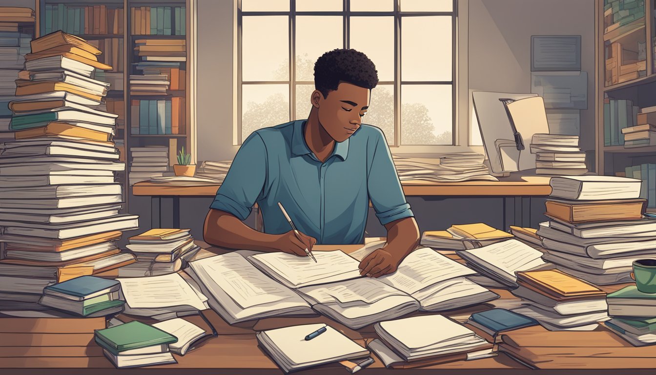 A student sitting at a desk, surrounded by textbooks and notes, with a determined expression while working through a list of frequently asked questions about their academic journey and tuition