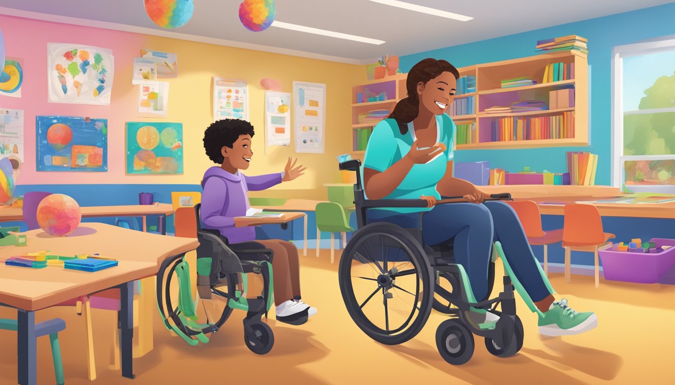 A teacher guides a student in a wheelchair through a sensory learning activity in a colorful classroom filled with adaptive learning materials