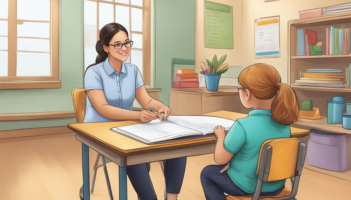 A teacher guides a student with special needs through a personalized lesson using visual aids and interactive learning materials