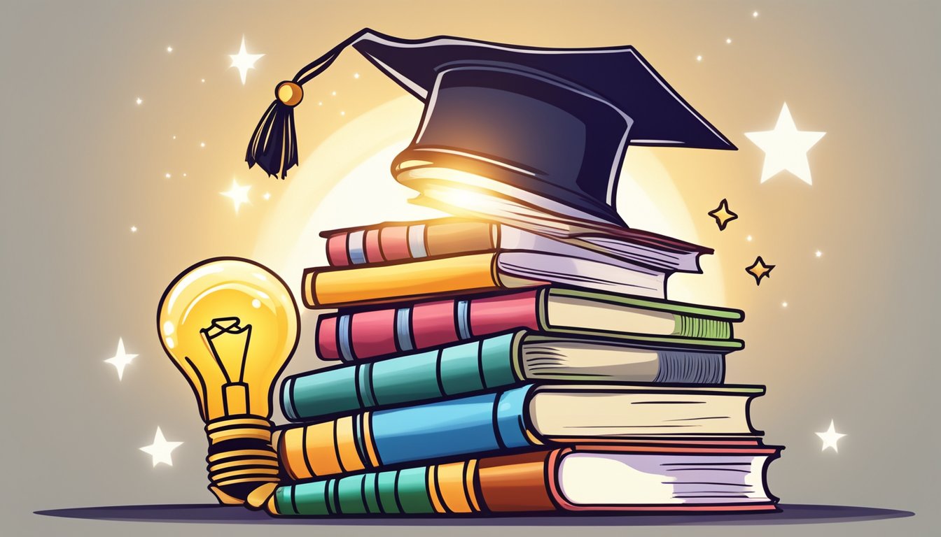 Tuition Message: Get Ready to Save Big on Education Costs! A stack of books with a graduation cap on top, surrounded by a shining lightbulb and a dollar sign
