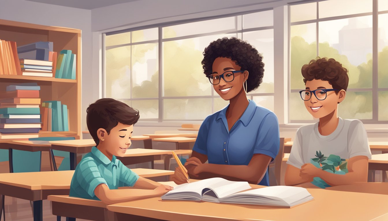 A teacher guides a student through personalized learning activities in a calm and supportive environment